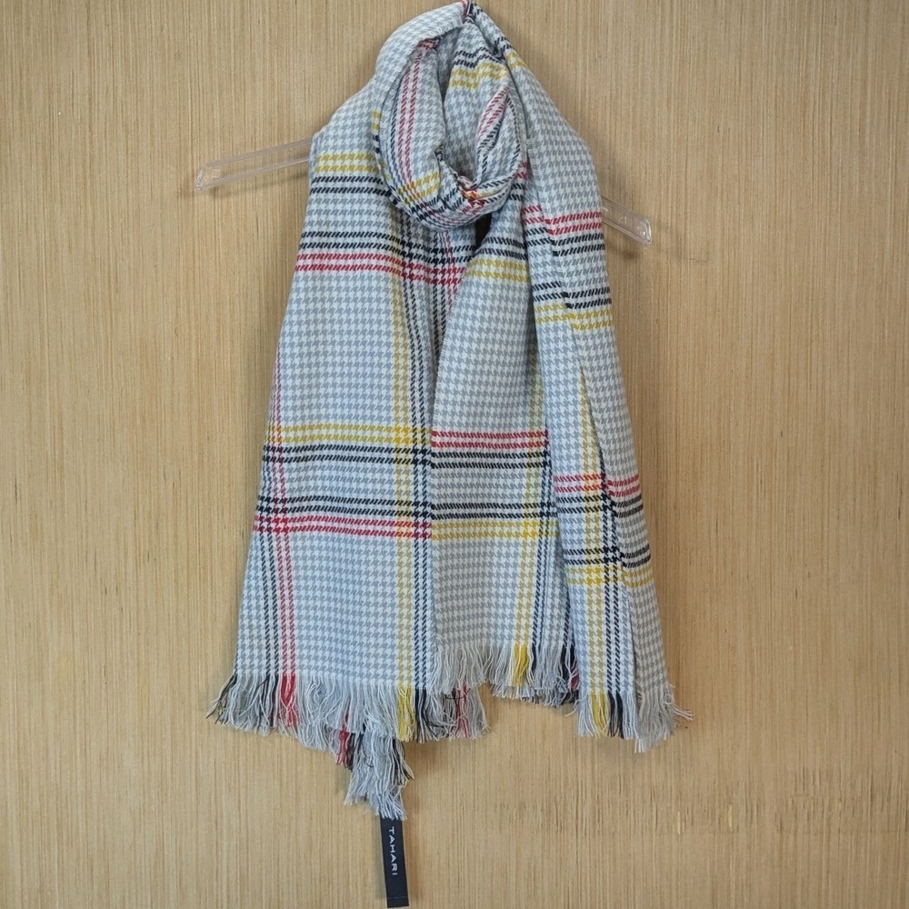 Tahari Houndstooth Blanket Wrap Scarf Fringe Cream Colorful Cozy Winter‎ NWT